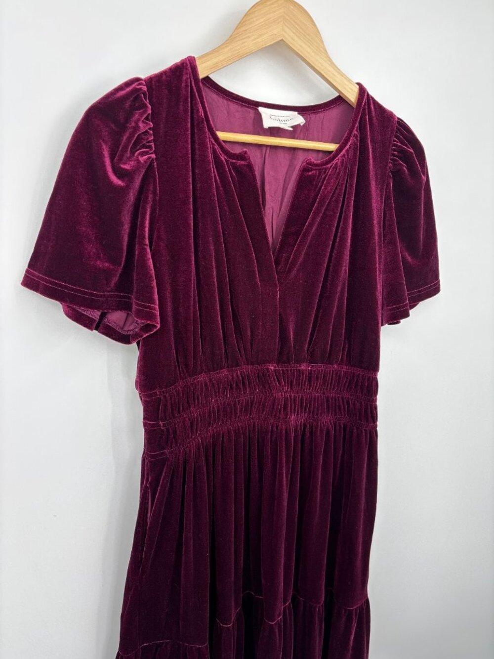 Bohme Velvet Tiered Maxi Dress V-Neck Flutter Sleeve Burgundy Medium - Picture 5 of 8